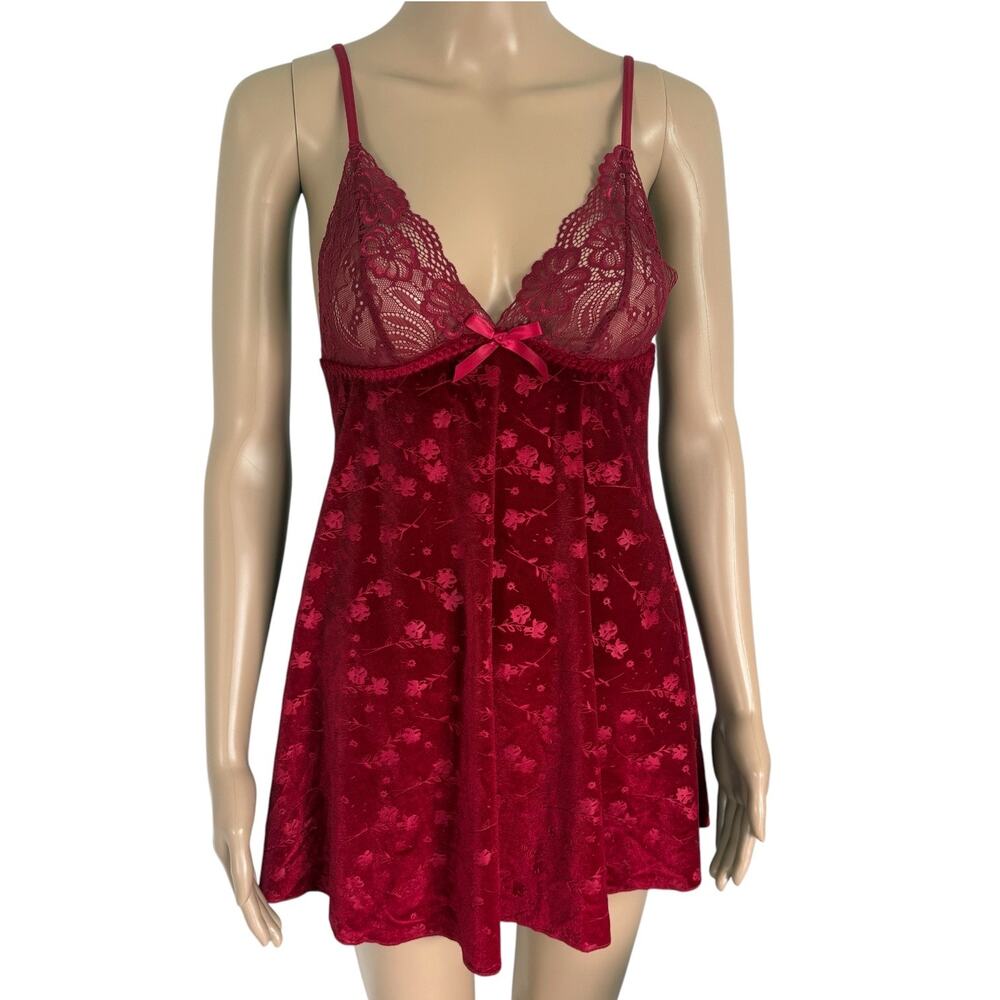 Burnout Velvet Lace Babydoll Chemise Slip Dress Gown S Red Vampire Whimsical